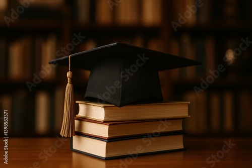 Graduation Cap Resting on Stack of Books in Library Setting During Academic C...