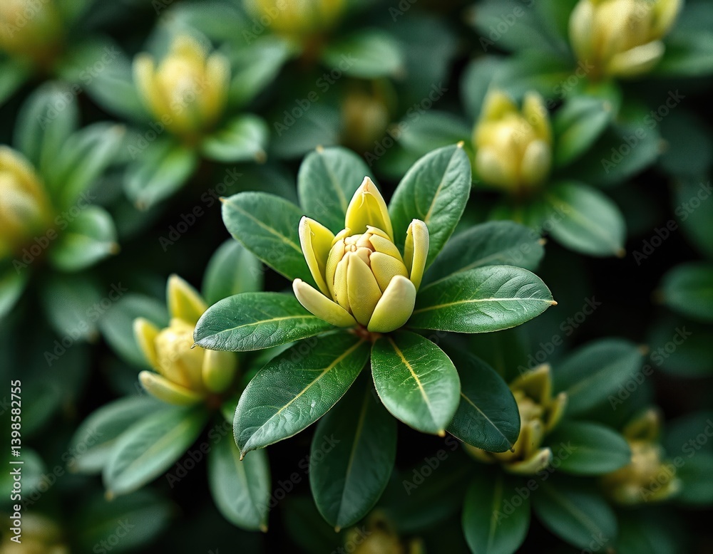 Obraz premium Close-up of rhododendron leaves with swollen buds in garden. Green, yellow colors. Fresh, vibrant foliage for park, botanical illustration, nature eco-friendly projects, wallpaper.