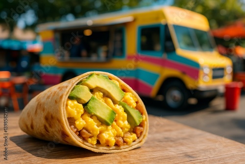Scrambled Egg and Avocado Wrap Served at Vibrant Food Truck During Daytime St...