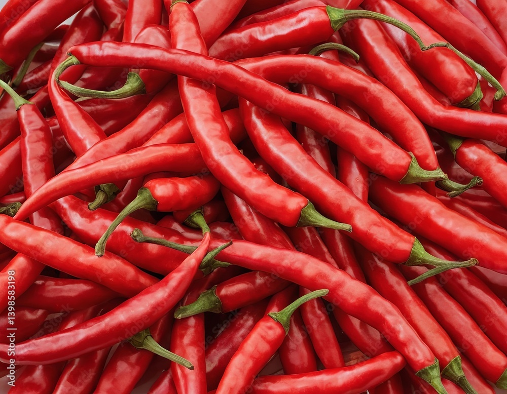 A vibrant pile of fresh red chili peppers, showcasing their glossy texture and bright color. A vibrant pile of fresh red chili peppers, showcasing their glossy texture and bright color.