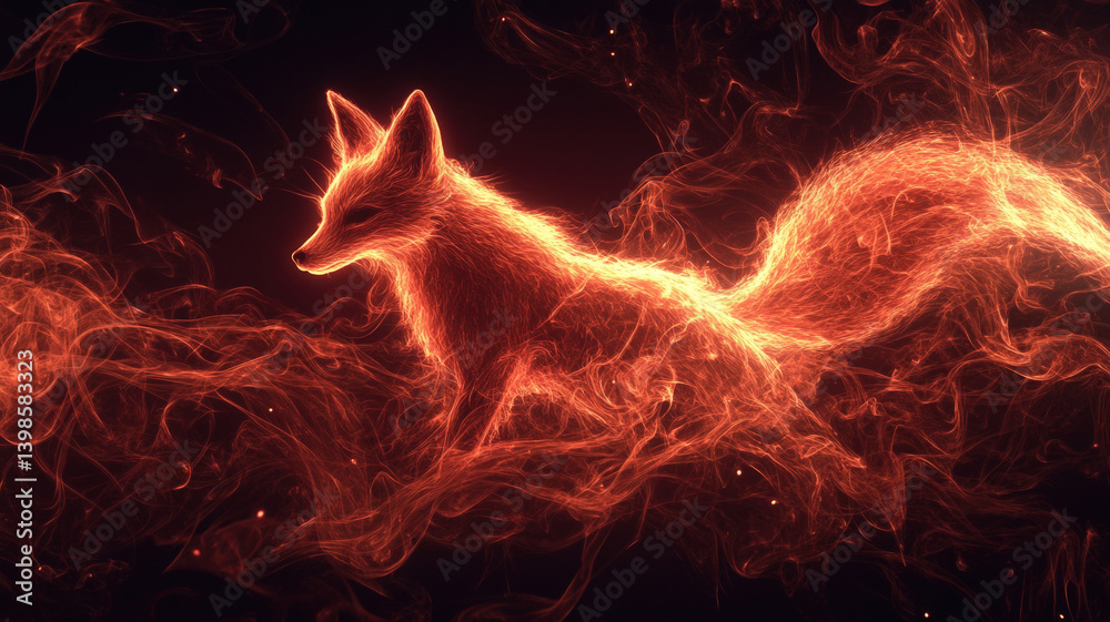 Phantom Fox of Fire and Smoke Walking Through Darkness in a Mystical and Dreamlike Fantasy Scene