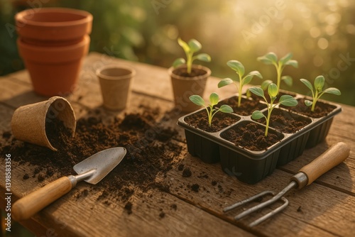 Gardening Activity on a Sunny Day With Seedling Pots and Tools on a Wooden Table