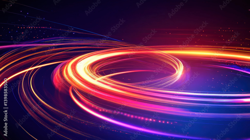 Colorful Neon Light Ring in Motion with Sparks on Dark Digital Futuristic Background