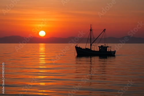 Sunset Over Calm Waters With a Solitary Fishing Boat in the Background