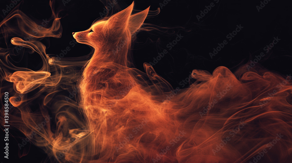 Mystical Fire Fox Spirit Formed from Flames and Smoke on Black Background in Fantasy Style