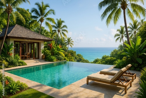 Relaxing Poolside Retreat Overlooking the Ocean With Tropical Plants and Clea...