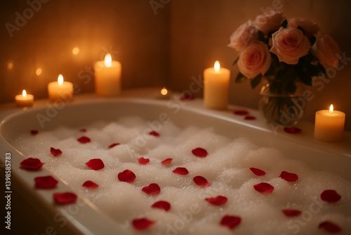 Relaxing Bath With Candles and Rose Petals Creates a Tranquil Atmosphere for ...