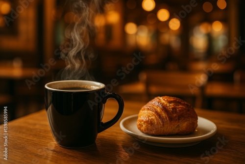Enjoying Coffee and a Croissant in a Cozy Cafe During Early Morning Hours