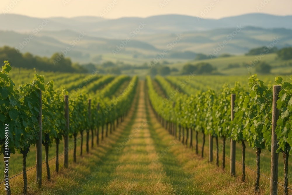 Fototapeta premium Lush Green Vineyard Rows Stretching Towards Rolling Hills in Soft Evening Light