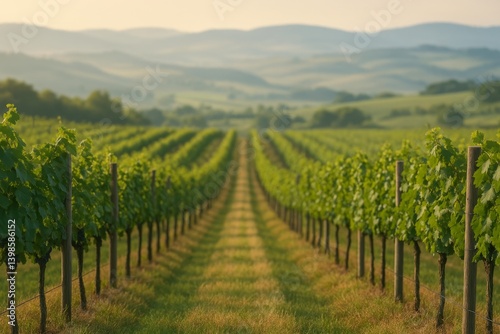 Lush Green Vineyard Rows Stretching Towards Rolling Hills in Soft Evening Light