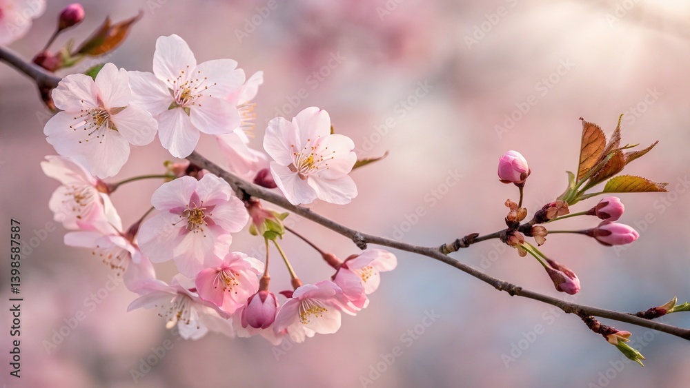 Delicate pink cherry blossoms on a branch in soft focus Delicate pink cherry blossoms on a branch in soft focus