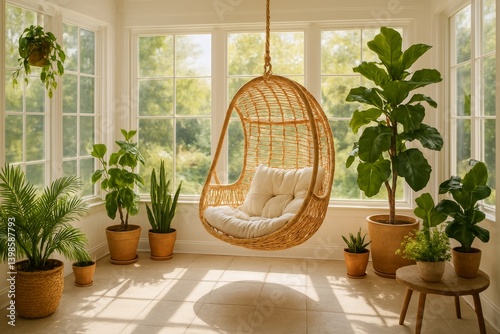 Cozy Indoor Space Featuring a Hanging Chair Surrounded by Lush Greenery and B...