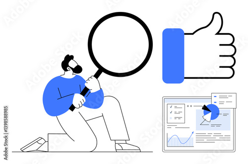 Man holds magnifying glass while analyzing, thumbs-up icon conveys positive feedback, analytics dashboard shows data trends. Ideal for data research, analytics, teamwork, problem-solving, feedback