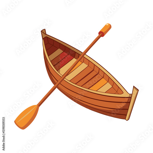 Wooden boat with paddle on white background.
