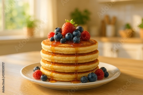 Fluffy Pancakes Stacked With Fresh Berries and Syrup in a Bright Kitchen Setting
