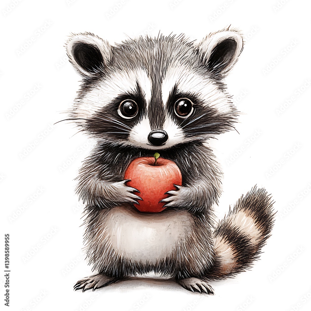Obraz premium Fluffy raccoon photographed with juicy apple high resolution picture