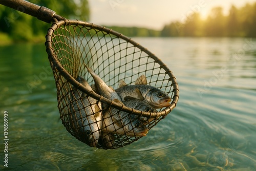 Caught Fish Displayed in a Fishing Net on a Tranquil Lake During Sunset