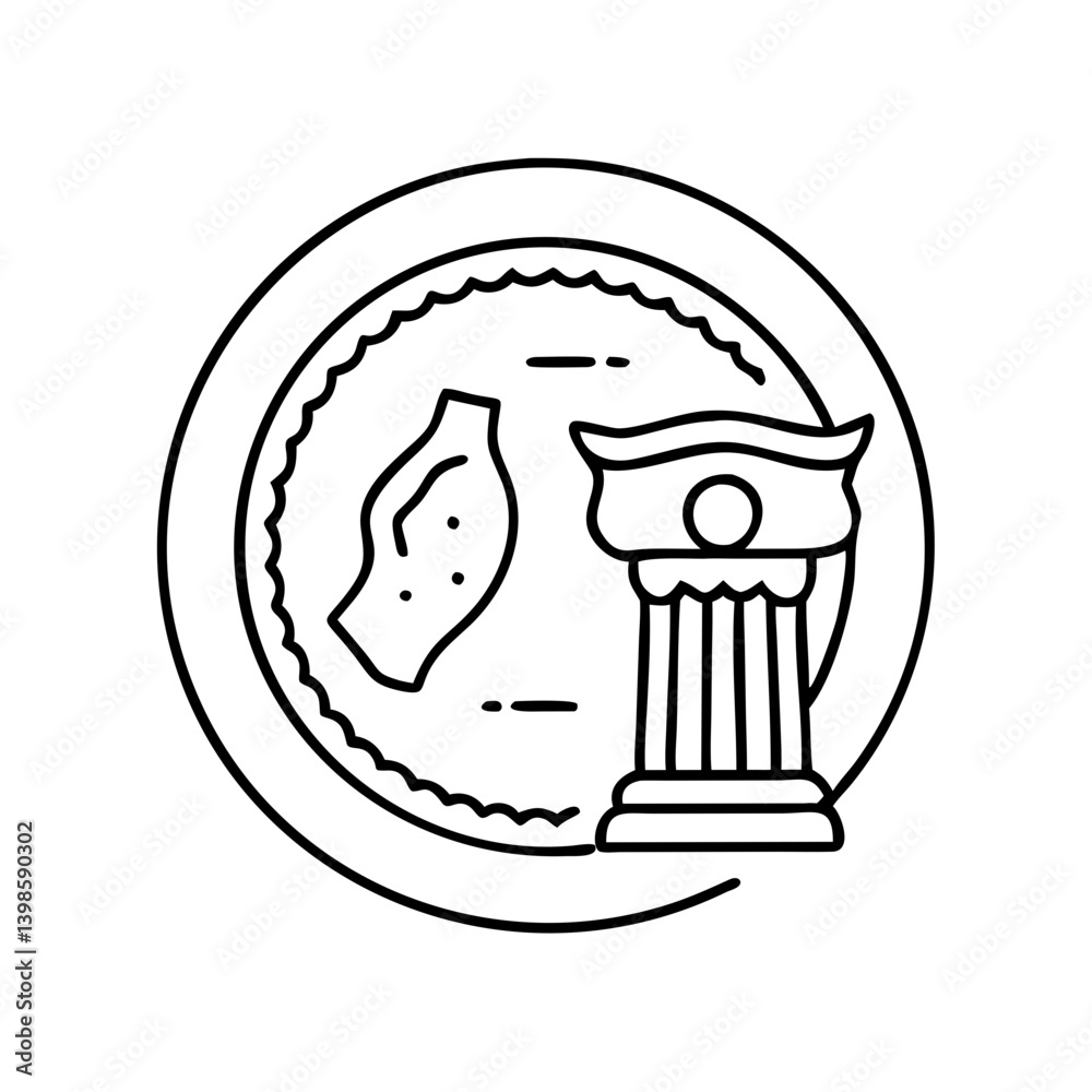 Obraz premium Ancient Greek Coin Featuring a Classical Column and a Piece of Pottery
