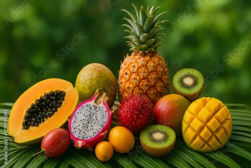 Fototapeta Naklejka Na Ścianę i Meble -  Exotic Tropical Fruits Arranged on a Wooden Surface Surrounded by Lush Green Foliage