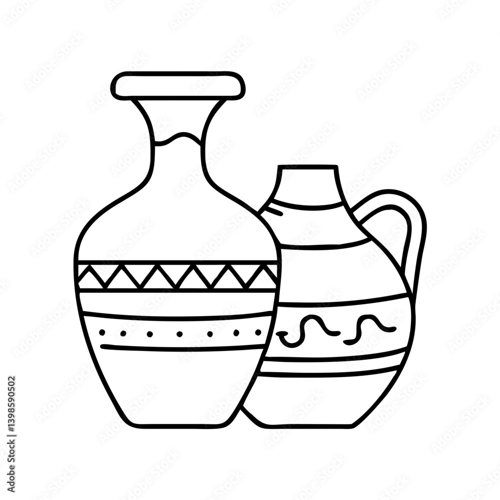 Line drawing of two ancient ceramic vases with decorative patterns Line drawing of two ancient ceramic vases with decorative patterns