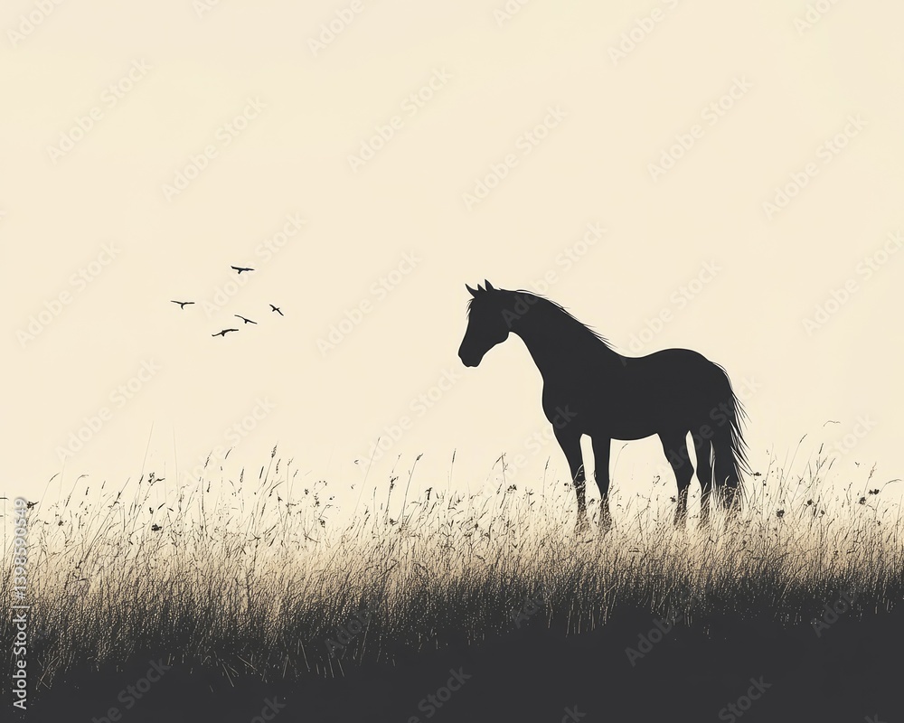 Minimalist Horse Silhouette in Field Line Art Minimalist Horse Silhouette in Field Line Art