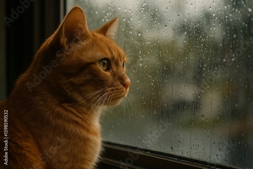 Cat Sitting by the Window While Rain Falls Outside During a Cloudy Afternoon