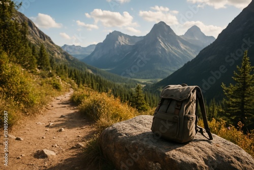 Explore the Serene Mountain Landscape With a Backpack Resting on a Stone in D...