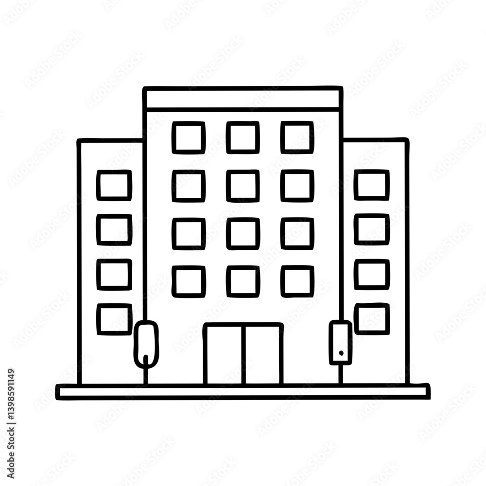 Simple Line Drawing of a Modern Multistory Building with Side Wings and Street Features Simple Line Drawing of a Modern Multistory Building with Side Wings and Street Features