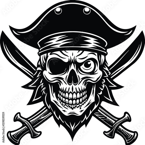 Skull and Cross Swords Black and White Emblem, Pirate Symbol, Sharp Blades