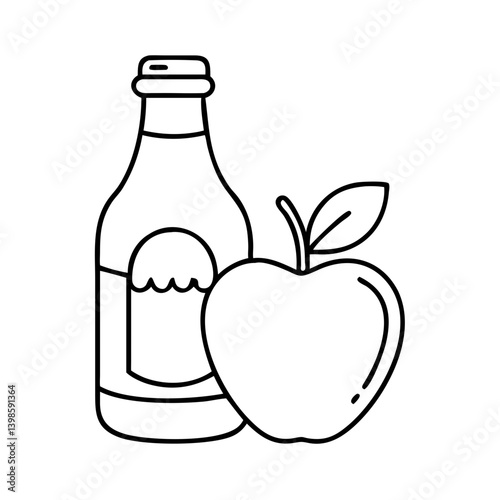 Bottle of Apple Cider with Fresh Red Apple Illustration Outline Graphic Design