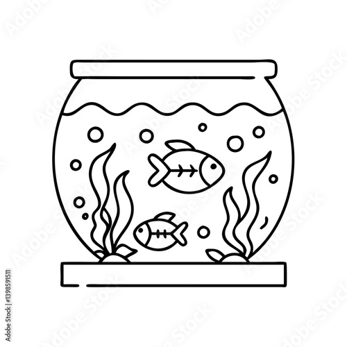 Line art drawing of a fishbowl with two fish and aquatic plants