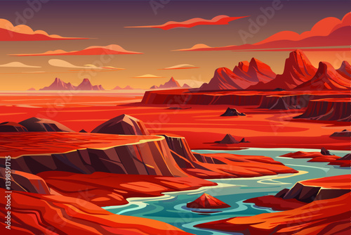seascape landscape with glowing red rocks, flat ocean horizon with molten red stone outcroppings