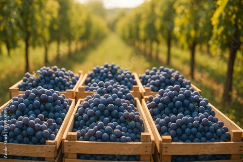 Bountiful Harvest of Fresh Grapes in a Sunlit Vineyard During Late Summer Season