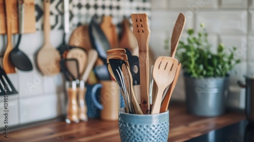 Assorted kitchen utensils in a ceramic holder on a wooden countertop with a potted plant in the background.