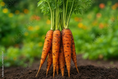 Freshly Harvested Carrots Stand Upright in a Garden Bed Surrounded by Green F...