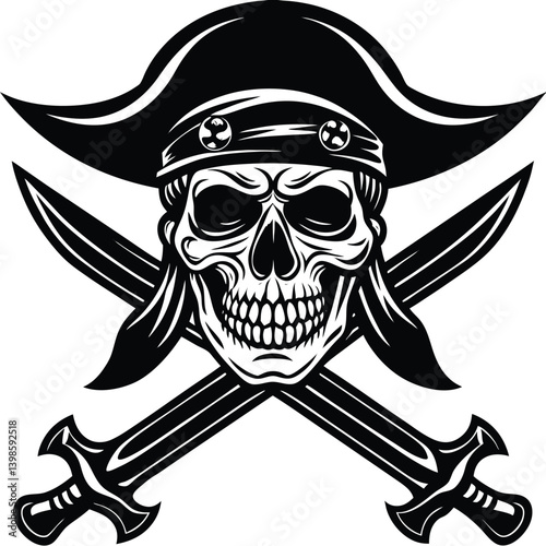 Skull with Cross Swords Monochrome Art, Macabre Dead Skeleton Head Symbol, Isolated Design