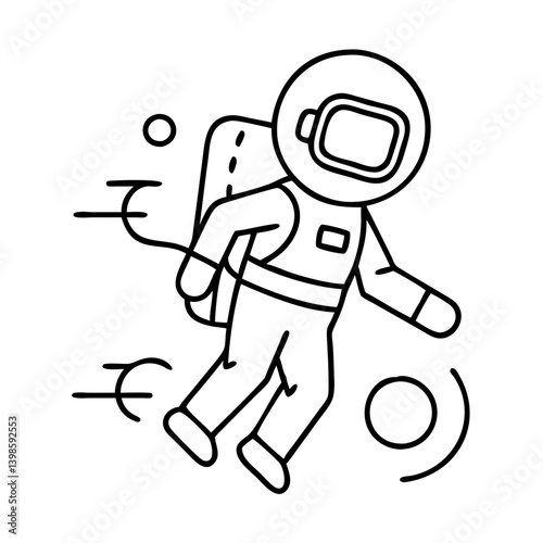 A cartoon astronaut floats through space with a jetpack and two planets nearby