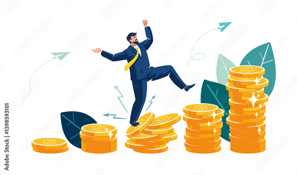 Business, people. Businessman climbing up the columns on a pile of gold dollar money, falls. Coin growth, compound interest, investment growth money, prosperity and profitability. Vector illustration Business, people. Businessman climbing up the columns on a pile of gold dollar money, falls. Coin growth, compound interest, investment growth money, prosperity and profitability. Vector illustration