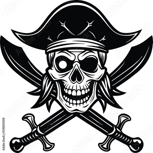 Skull with Crossed Swords, Black and White Illustration, Symbol, Icon, Scary Pirate Sign