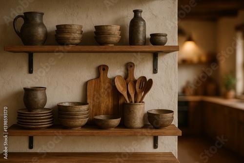 Rustic Kitchen Shelves Displaying Handmade Pottery and Wooden Utensils in a C...