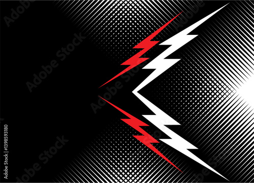 Abstract vector background with black base , dynamic pattern with white pixels, red and white arrows. For eSports, game interfaces, posters. Technical, digital sports graphics. Vector pattern. Arrow