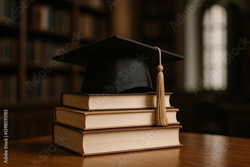 Graduation Cap Resting on Stack of Books in Library Setting During Academic C...