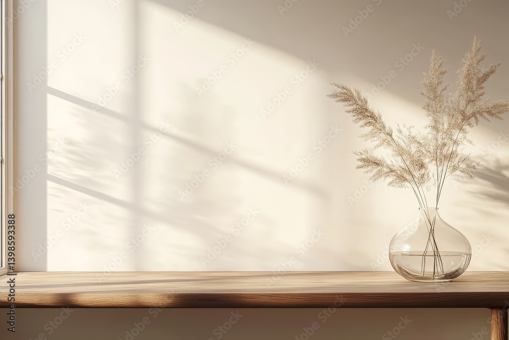 Minimalist japanese interior design 3d render of wooden table with glass vase and dry grass Minimalist japanese interior design 3d render of wooden table with glass vase and dry grass