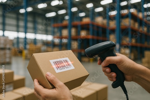 Warehouse Worker Scans Package Barcode in Storage Facility for Inventory Mana...
