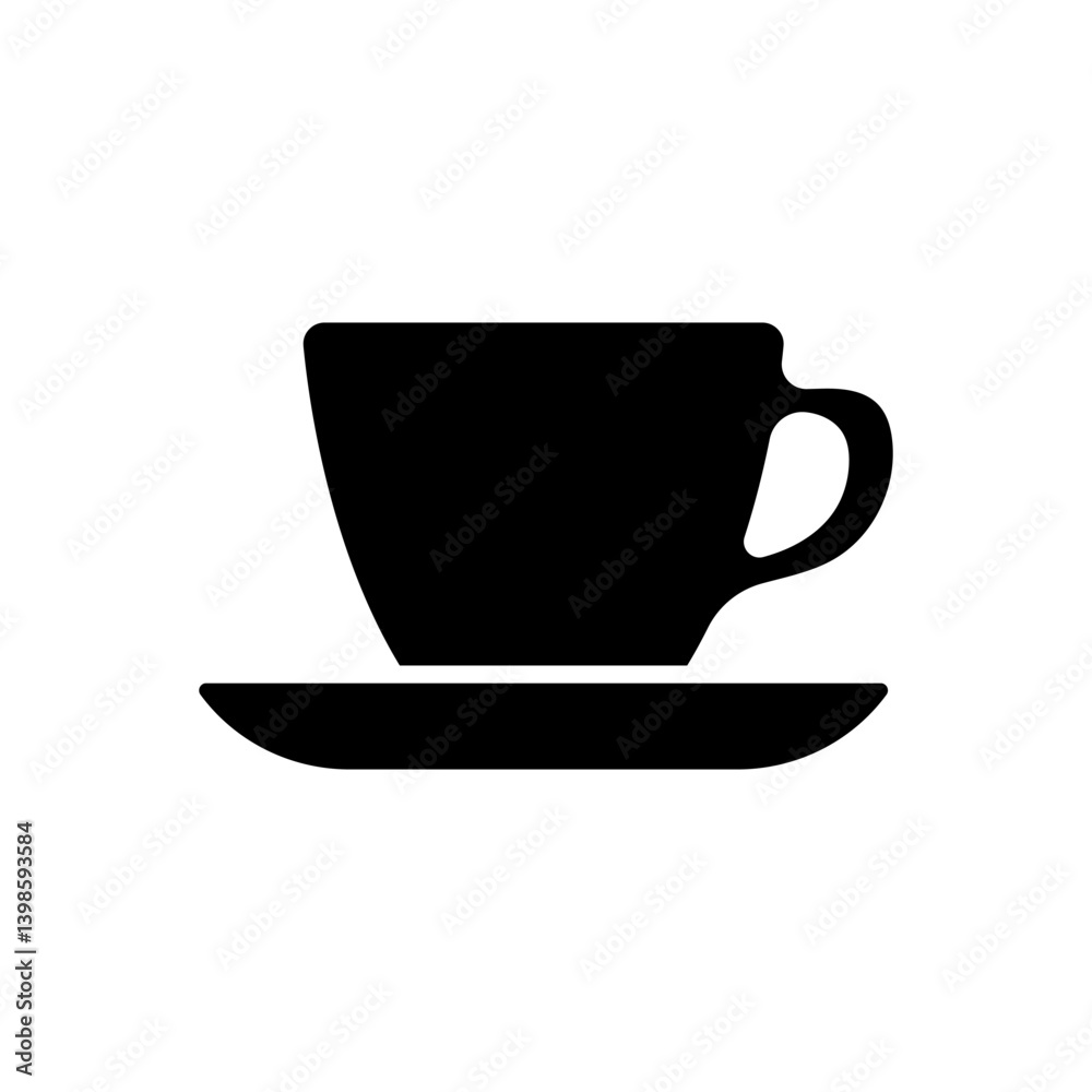 Cup and saucer icon. Black silhouette. Front side view. Vector simple flat graphic illustration. Isolated object on white background. Isolate. Cup and saucer icon. Black silhouette. Front side view. Vector simple flat graphic illustration. Isolated object on white background. Isolate.