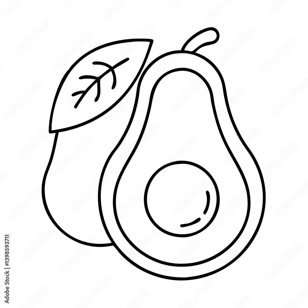 A delicious halved avocado with leaf illustration healthy food tropical fruit A delicious halved avocado with leaf illustration healthy food tropical fruit