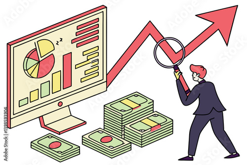 Business analysis concept with magnifying glass and computer, highlighting the role of cash flow in tracking economic growth