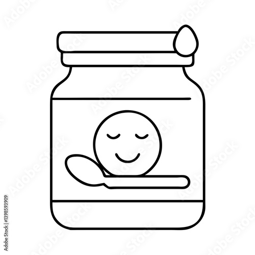 A happy jar of baby food with a spoon a smiling face and a drop of liquid on the lid