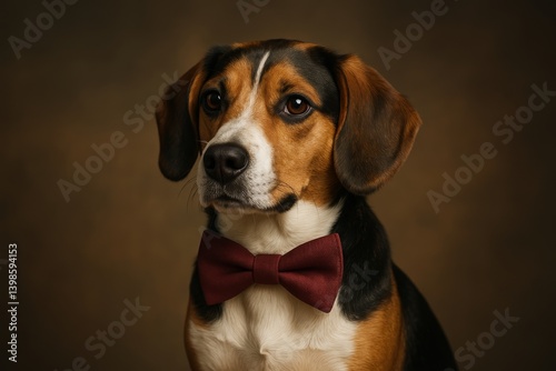 Beagle With a Bow Tie Poses Elegantly in a Studio Setting During Early Evening