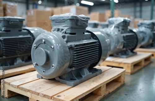 New electric motors stored on wooden pallets in warehouse. Industrial equipment for energy production. Electric machines, engineering, manufacturing, production, motor parts ready for delivery. photo